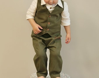 Green Linen Ring Bearer Outfit, Classic Vest and Pants