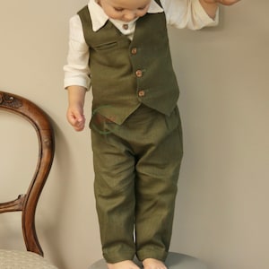 3 Pcs Green Linen Ring Bearer Outfit, Toddler Classic Long Pants Vest Page Boy Suit, Beach Wedding Toddler Baby Christening Outfit