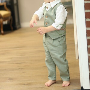 Pantalon garçon en lin, Pageboy pantalons longs, Pantalon garçon pour mariage sur la plage, Tenue garçon vert sauge pour mariage à la campagne, Pantalon garçon baptême, tenue d'anniversaire image 1