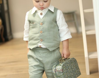 Linen Page Boy Suit – Eucalyptus Wedding Outfit, Vest, Blouse & Shorts - Ring Bearer Toddler