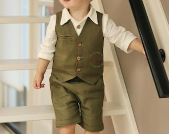 3 Pcs Ring Bearer Outfit Set - Classic Pageboy Suit - Linen Toddler Vest & Shorts