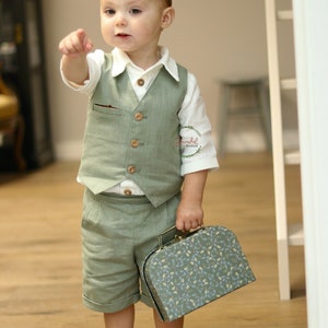 Jungen Pageboy Outfit - Leinen Weste, Shorts & Shirt - 3-teilig oder separat erhältlich, Kleinkind Ringträger Hochzeit Outfit, Sommer Abendkleidung