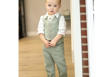 Leinen Ring Bearer Outfit Set: Handgemachte Weste, Hose & Bluse im Set