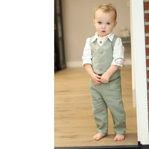 Pantalon garçon en lin, Pageboy pantalons longs, Pantalon garçon pour mariage sur la plage, Tenue garçon vert sauge pour mariage à la campagne, Pantalon garçon baptême, tenue d'anniversaire image 3