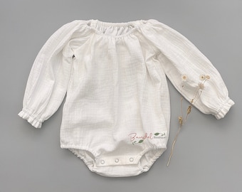 Barboteuse en mousseline blanche pour bébé, combishort respirante à manches longues pour baptême, salopette simple et mignonne pour bébé, barboteuse blanche pour bébé garçon, barboteuse de baptême blanche