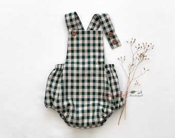 Green Gingham Classic Baby Romper, Baby Boy Cotton Romper, Gender Neutral Playsuit, Baby Boy Playsuit, 1st Birthday Outfit, Baby Boy Gift