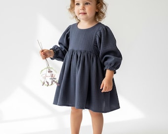Organic Muslin Girl Dress - 3/4 Sleeve Length - Jeans- blue - Color Options To Choose