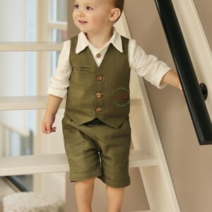 3 Pcs Army- Green Linen Ring Bearer Outfit, Toddler Classic Bermuda Short Vest Page Boy Suit, Beach Wedding Toddler Baby Christening Outfit