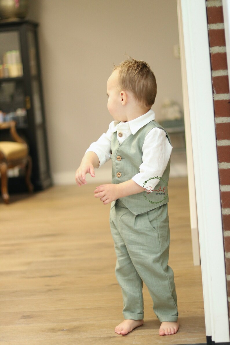 Pantalon garçon en lin, Pageboy pantalons longs, Pantalon garçon pour mariage sur la plage, Tenue garçon vert sauge pour mariage à la campagne, Pantalon garçon baptême, tenue d'anniversaire image 1