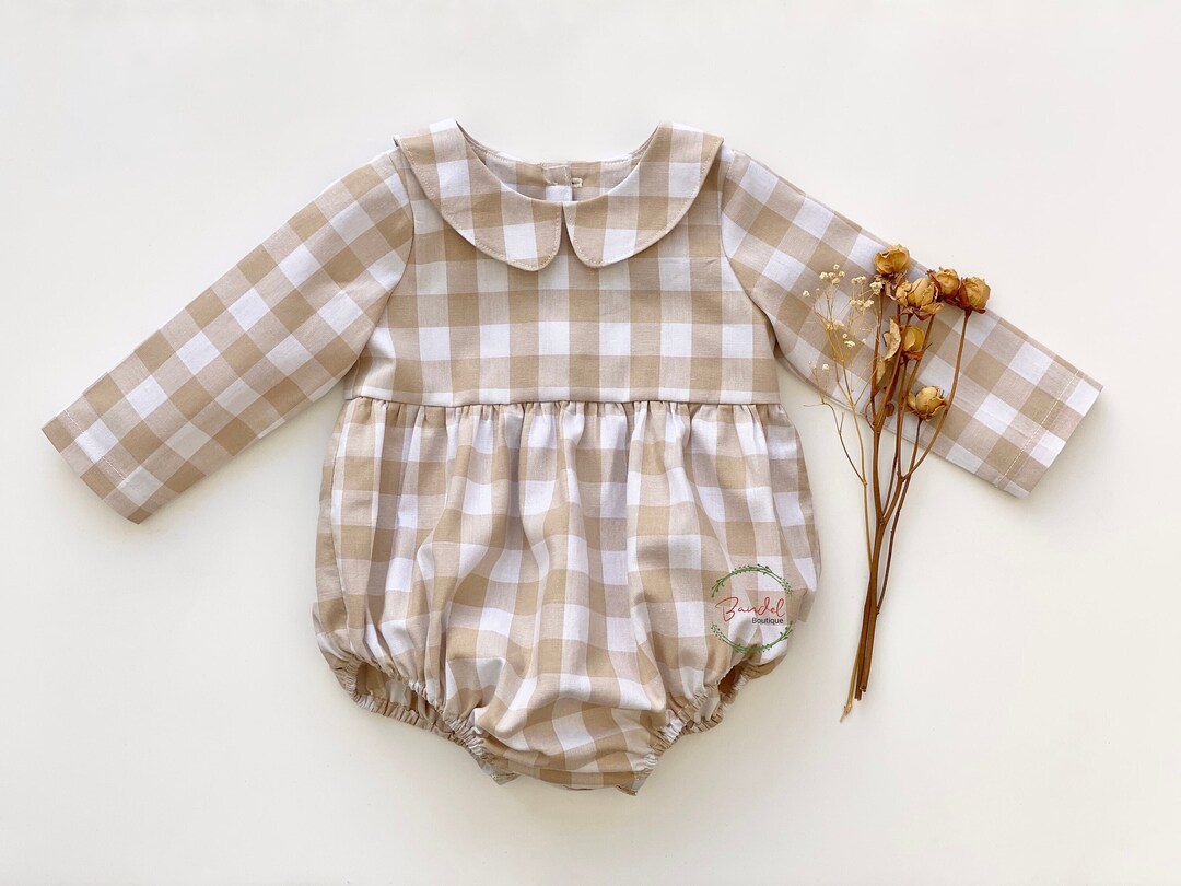 Draycott Check Peter Pan Collar Long Sleeve Romper in Blue (6mths-3yrs)