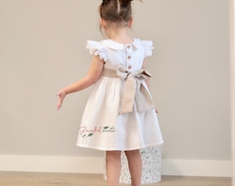 Linen Flower Girl Dress: White Ruffle Sleeve, Rustic Wedding