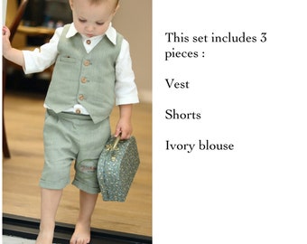 Handmade Pageboy Outfit - 3 Pieces Boy Attire Vest, Shorts & Blouse - Wedding Formal Event Boy