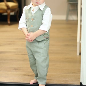 Pantalon garçon en lin, Pageboy pantalons longs, Pantalon garçon pour mariage sur la plage, Tenue garçon vert sauge pour mariage à la campagne, Pantalon garçon baptême, tenue d'anniversaire image 5