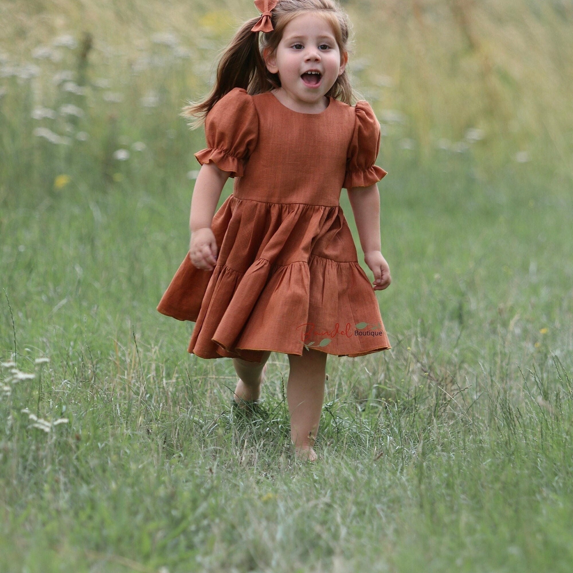 young girl's long brown dress flowers short ruffled sleeves Linen Flower Girl Dress, Rust Tiered Boho Wedding Dress, Handmade Summer Infant Rustic Style