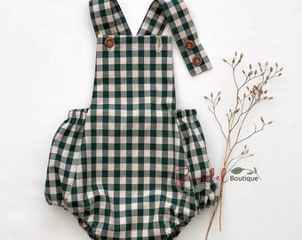 Bottle Green Gingham Baby Romper: Cotton Playsuit with Wooden Buttons - Handmade