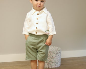 3/4 Ärmel Leinen Junge Hemd mit Kragen, cremefarbene Ring Träger Leinen Top, Kleinkind Leinen T-Shirt, Leinen Top, Kleinkind Bluse, Pageboy Shirt