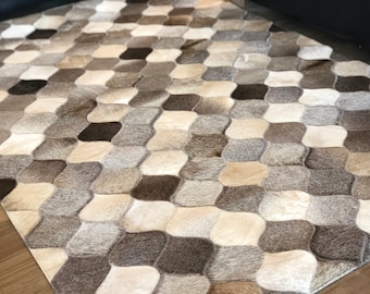 Grey & Beige (Shell Shaped Patches) : Hand patched and Hand stitched Cowhide Rug