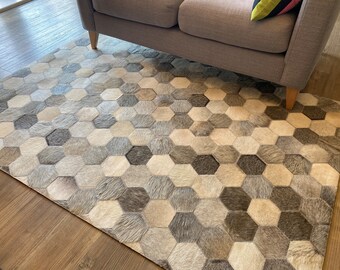 Hand Stitched Grey Cowhide Rug: Hexagon Patched Leather Area Rug