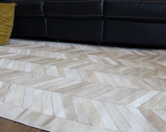 Hand Stitched Cowhide Rug: White Chevron Herringbone Pattern