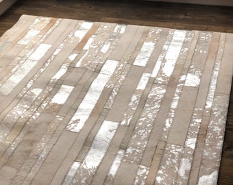 Silver Foil Stripe : Hand patched and Hand stitched Cowhide Rug