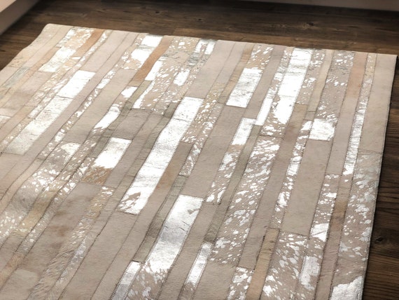 Silver Foil Stripe : Hand patched and Hand stitched Cowhide Rug