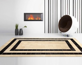 Beige & Black: Hand patched and Hand stitched Cowhide Rug