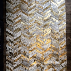 Golden: Hand patched and Hand stitched Cowhide Rug - Herringbone/ Chevron Rug