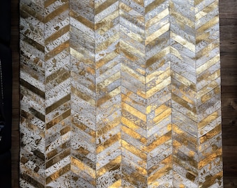 Hand Stitched Cowhide Rug: Golden Chevron, Metallic Foil