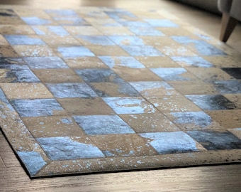 Blue Metallic on ivory: Hand patched and Hand stitched Cowhide Rug