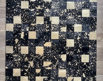 Black & Gold Square : Hand patched and Hand stitched Cowhide Rug