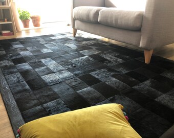 Black : Hand patched and Hand stitched Cowhide Rug
