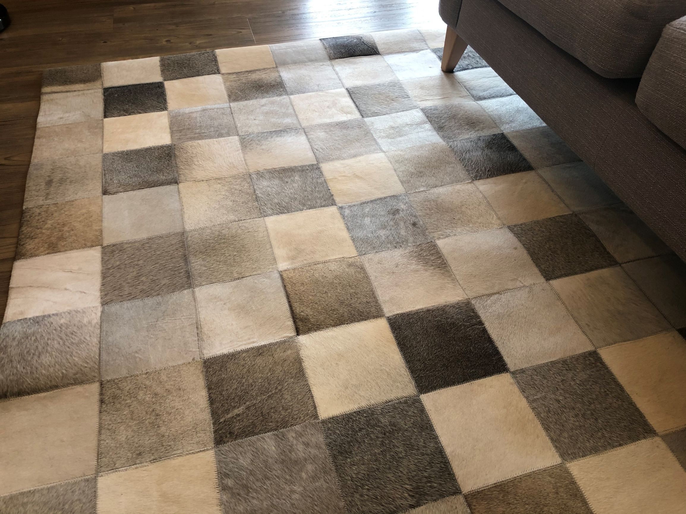 Grey : Hand Patched and Hand Stitched Cowhide Rug, Squares - Etsy