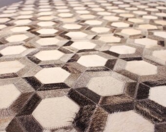 Grey & Ivory - Hexagon : Hand patched and Hand stitched Cowhide Rug