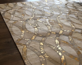 Hand Stitched Cowhide Rug: Golden Foil Patched Leather