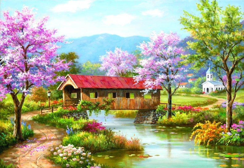 Covered Bridge in Spring 300pc Jigsaw Puzzle by Sung Kim