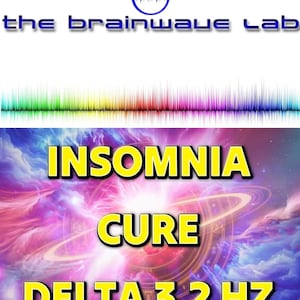 Puede incluir: Un gráfico de onda sonora colorido con el texto "the brainwave lab" en la parte superior. La imagen presenta un fondo rosa y morado con una luz blanca brillante en el centro. El texto "INSOMNIA CURE DELTA 3.2 HZ" está en amarillo.