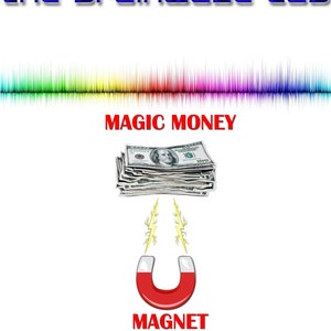 May include: A stack of US dollar bills is being pulled towards a red horseshoe magnet with yellow lightning bolts. The text "MAGIC MONEY" is above the money and "MAGNET" is below the magnet.