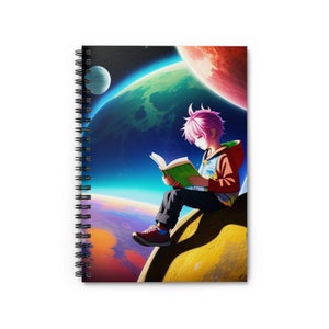 May include: Spiral-bound notebook featuring an anime-style illustration of a person reading a book on a planet's edge. The background showcases a vibrant space scene with planets and a colorful sky. The notebook has a white cover.
