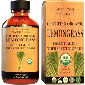 May include: A 4-ounce bottle of certified organic lemongrass essential oil. The bottle is amber glass with a black cap and a white label with the words "Mary Tylor Naturals" and "Certified Organic Lemongrass Essential Oil Therapeutic Grade". The label also features a USDA Organic seal and a picture of lemongrass.