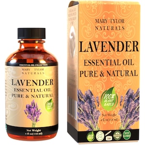 May include: A 4-ounce bottle of Mary Tylor Naturals Lavender Essential Oil. The bottle is amber glass with a black cap. The label is gold with a lavender flower design. The text on the label reads "Mary Tylor Naturals Lavender Essential Oil Pure & Natural 100% Plant Based".
