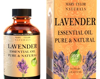 May include: A 4-ounce bottle of Mary Tylor Naturals Lavender Essential Oil. The bottle is amber glass with a black cap. The label is gold with a lavender flower design. The text on the label reads "Mary Tylor Naturals Lavender Essential Oil Pure & Natural 100% Plant Based".