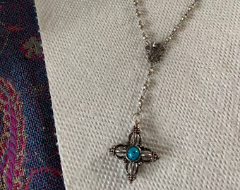 Antike Look Boho Rosenkranz Stil "Y" lange Halskette mit Türkis Perlen Kreuz