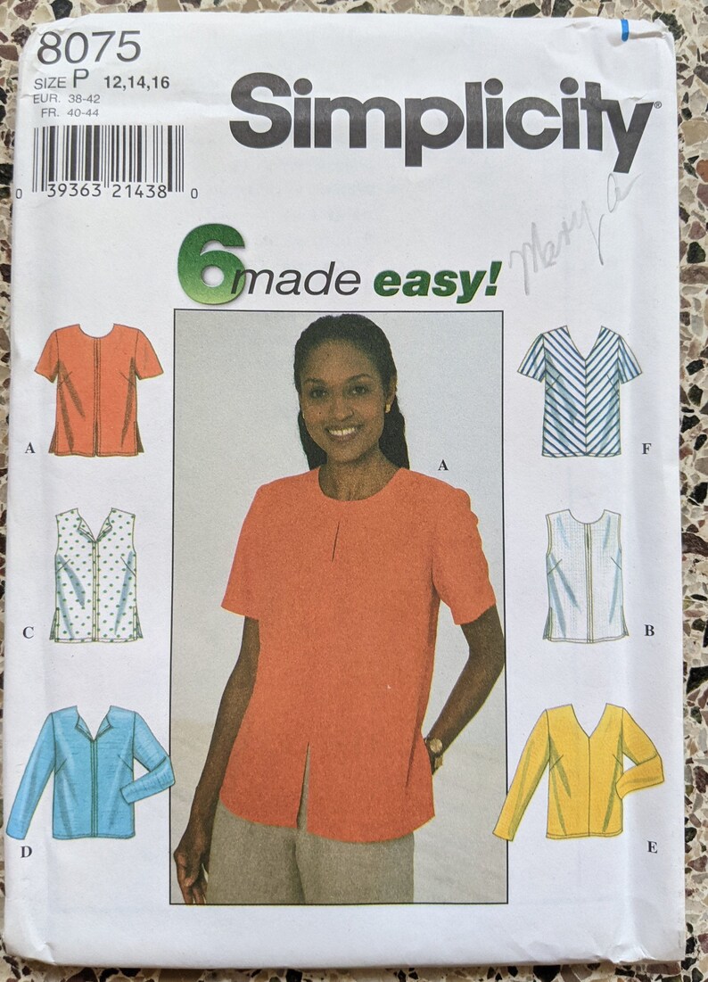 Simplicity 8075 Sweater V Neck Scoop Long Sleeve Vintage Center Front Seam Sleeveless Short Sleeve Uncut Knit Fabric
