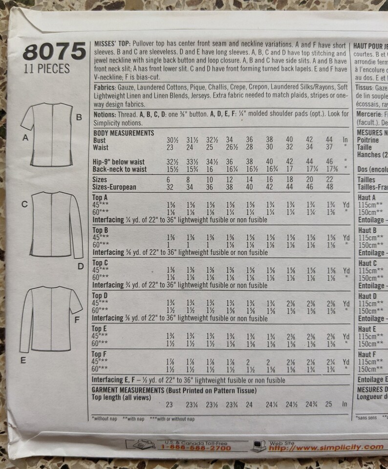 Simplicity 8075 Sweater V Neck Scoop Long Sleeve Vintage Center Front Seam Sleeveless Short Sleeve Uncut Knit Fabric