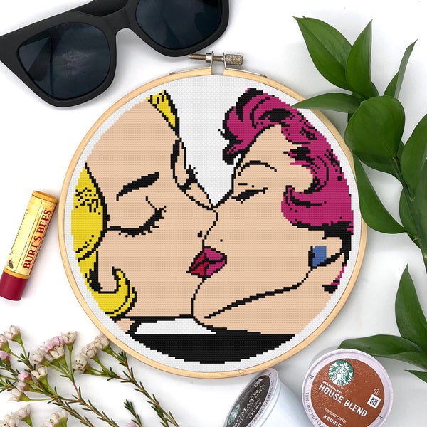 The Kiss Cross Stitch PDF Pattern - Retro LGBT Pop Art - Digital Embroidery