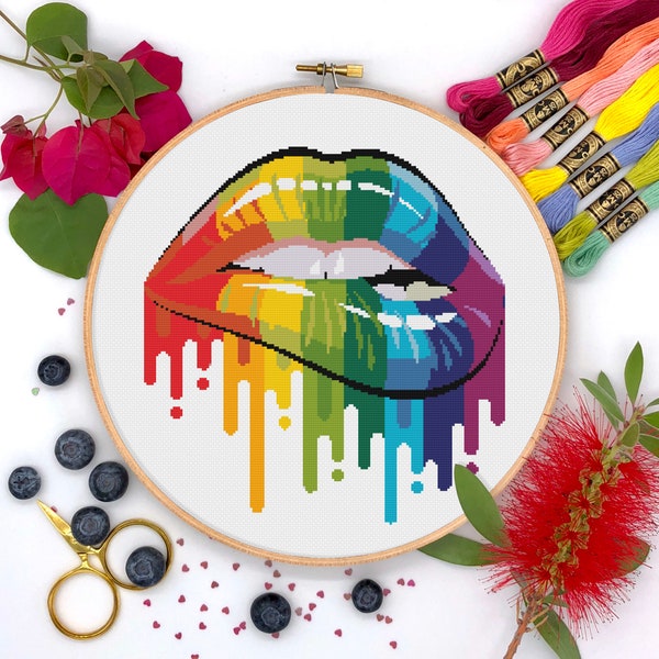 Rainbow Lips Cross Stitch PDF Pattern - Feminist Pride Digital Cross Stitch Pattern