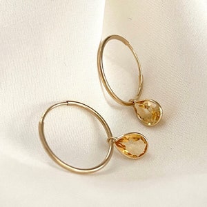 Natural Citrine Dangle Hoop Earrings in 14K Yellow Gold, November Birthstone Pear Cut Hoops, 14K Gold Dainty Everyday Hoop Earrings