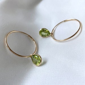 Peridot Dangle Hoop Earrings in 14K Yellow Gold, August Birthstone Pear Cut Hoops, Birthstone 14K Gold Dainty Hoop Earrings