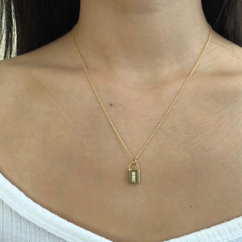 Lock Necklace in 14K Solid Gold Lock Pendant With Pave Set Etsy