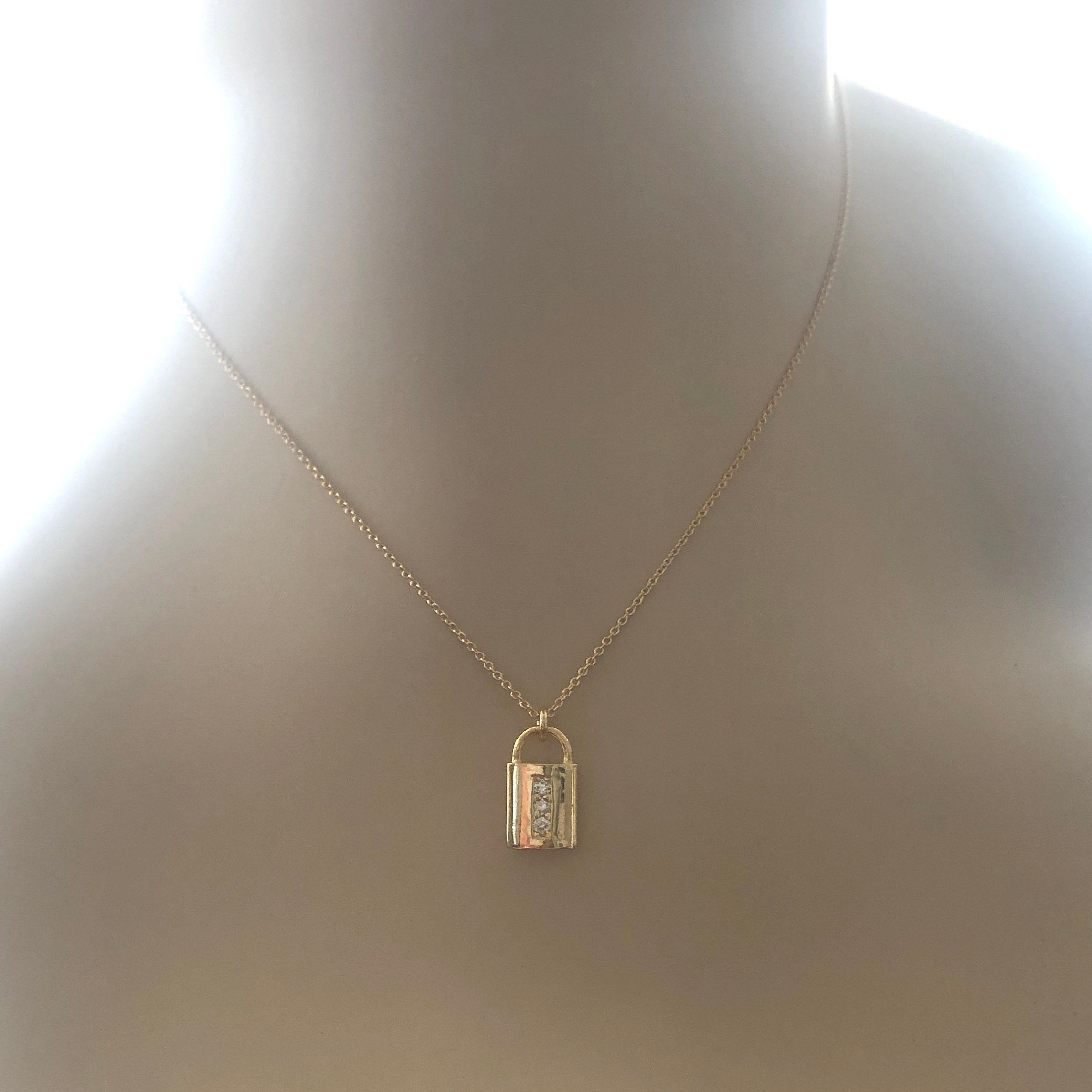 Lock Necklace in 14K Solid Gold Lock Pendant With Pave Set Etsy